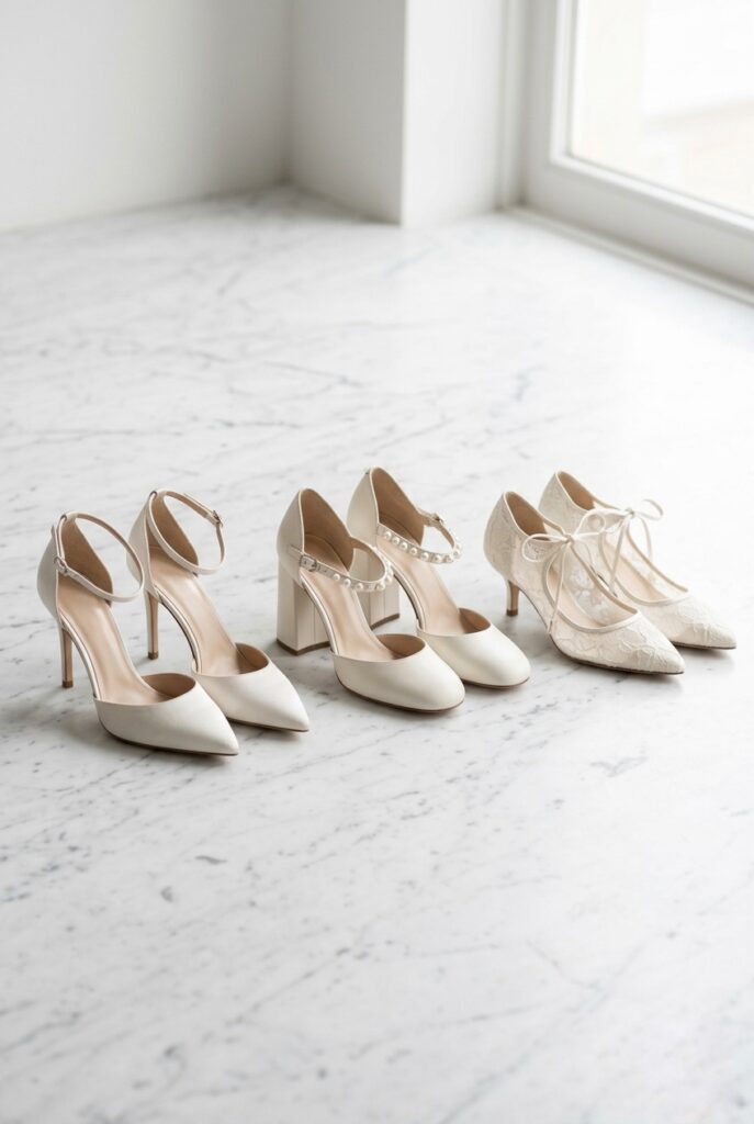 Three styles of bridal heel shoes side by side — stiletto, block heel, and kitten heel — on white marble surface Image prompt: Photorealistic product image of three pairs of ivory bridal heels displayed side by side on a white marble surface. From left to right: a slim pointed stiletto heel, a structured block heel, and a delicate kitten heel. All in ivory or off-white. Soft natural window light from above creating gentle shadows beneath each shoe. No text overlays. Clean, editorial, minimal styling. Generate in vertical portrait orientation, 2:3 aspect ratio, optimized for mobile display.