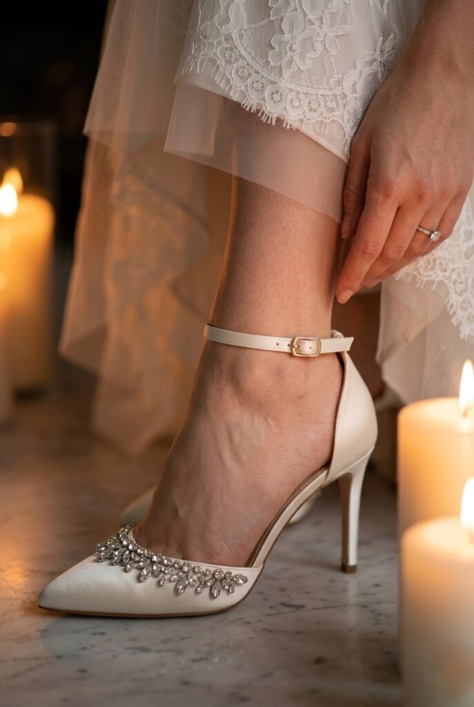 Close-up of ivory bridal heel with ankle strap showing strap placement at the ankle bone Image prompt: Photorealistic close-up image of an ivory bridal heel shoe on a woman's foot, showing a delicate ankle strap buckled at the side of the ankle bone. The strap is positioned precisely at the ankle joint, not above it. Warm romantic candlelit atmosphere with soft amber glow from nearby candles. White wedding dress hem visible in soft background. No text overlays. Intimate, editorial detail shot. Generate in vertical portrait orientation, 2:3 aspect ratio, optimized for mobile display.