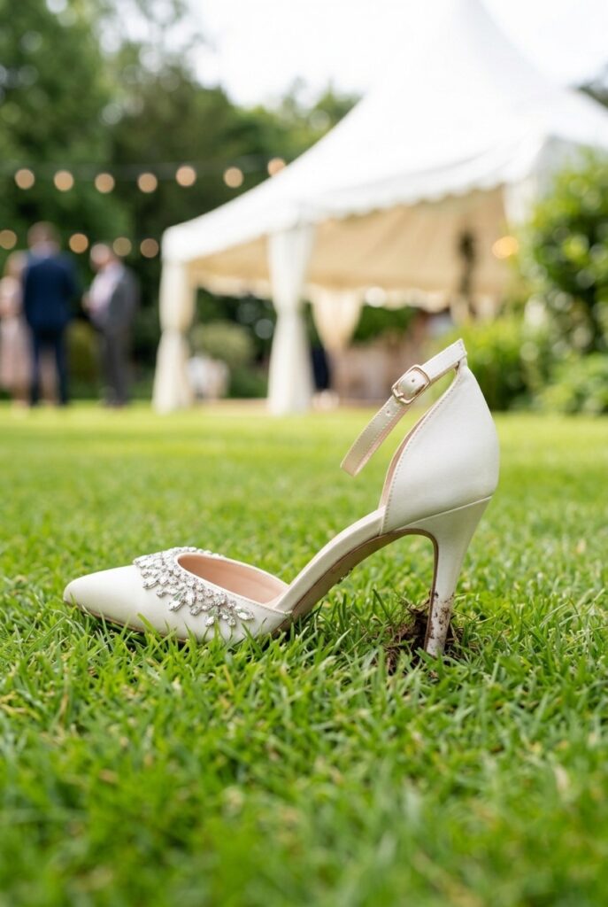 Ivory bridal stiletto heel sunk into soft grass at an outdoor wedding venue Image prompt: Photorealistic image of a single ivory stiletto bridal heel partially sunk into soft green grass at an outdoor wedding venue. The heel tip is visibly embedded in the turf. Bright soft natural daylight, lush garden setting with blurred white tent structure in background. No text overlays. The image conveys the practical problem of narrow heels on soft ground. Generate in vertical portrait orientation, 2:3 aspect ratio, optimized for mobile display.