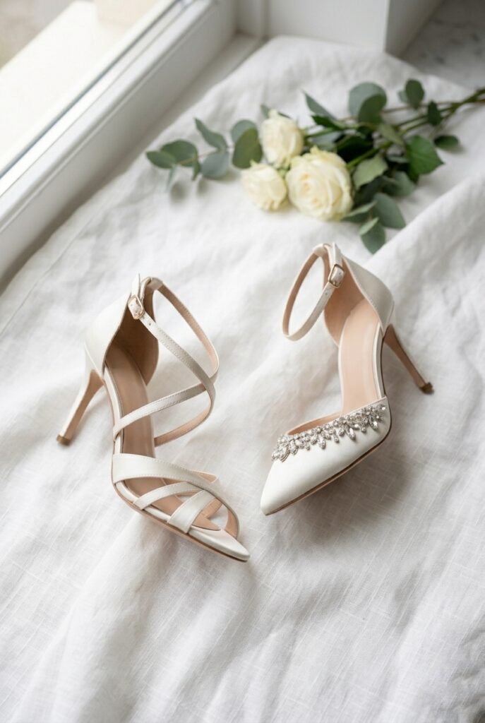 Ivory open-toe bridal strappy sandal heel next to ivory closed-toe pump on white linen Image prompt: Photorealistic flat-lay image of two ivory bridal heels on white linen fabric. On the left: an open-toe strappy sandal heel showing the toes. On the right: a closed-toe pointed pump. Both in ivory, photographed under soft natural window light from the left. No text overlays. Clean, minimal editorial styling showing the silhouette comparison clearly. Generate in vertical portrait orientation, 2:3 aspect ratio, optimized for mobile display.