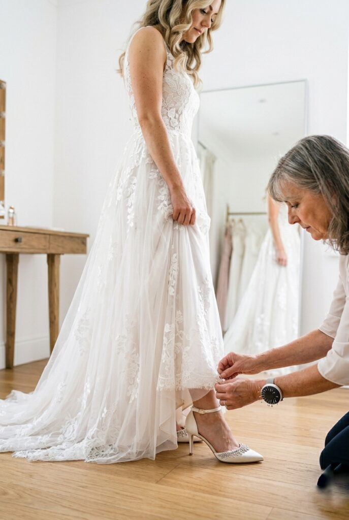Bridal seamstress hemming wedding dress to match heel height at alteration fitting Image prompt: Photorealistic image of a wedding dress alteration fitting. A bride stands in an ivory A-line gown while a seamstress kneels at the floor, pinning the hem with the bride wearing ivory closed-toe bridal heels. Bright studio lighting, white alteration room with full-length mirror in background. Pins visible in the seamstress's pincushion. No text overlays. Clean, intimate editorial atmosphere. Generate in vertical portrait orientation, 2:3 aspect ratio, optimized for mobile display.