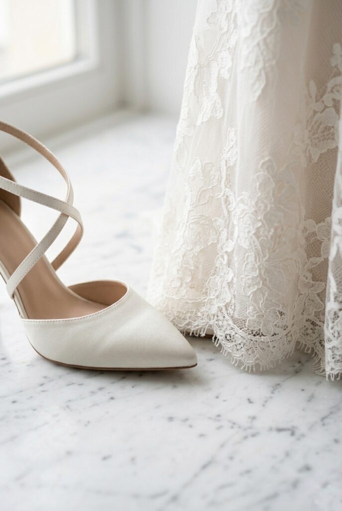 Ivory satin bridal heel beside ivory lace wedding dress hem showing fabric finish coordination Image prompt: Photorealistic close-up image showing an ivory satin bridal heel placed beside a wedding dress hem in ivory lace fabric, on a white marble floor. Soft natural window light creating subtle shadows. The coordination between the smooth satin of the shoe and the textured lace of the dress is clearly visible. No text overlays. Editorial, refined aesthetic. Generate in vertical portrait orientation, 2:3 aspect ratio, optimized for mobile display.