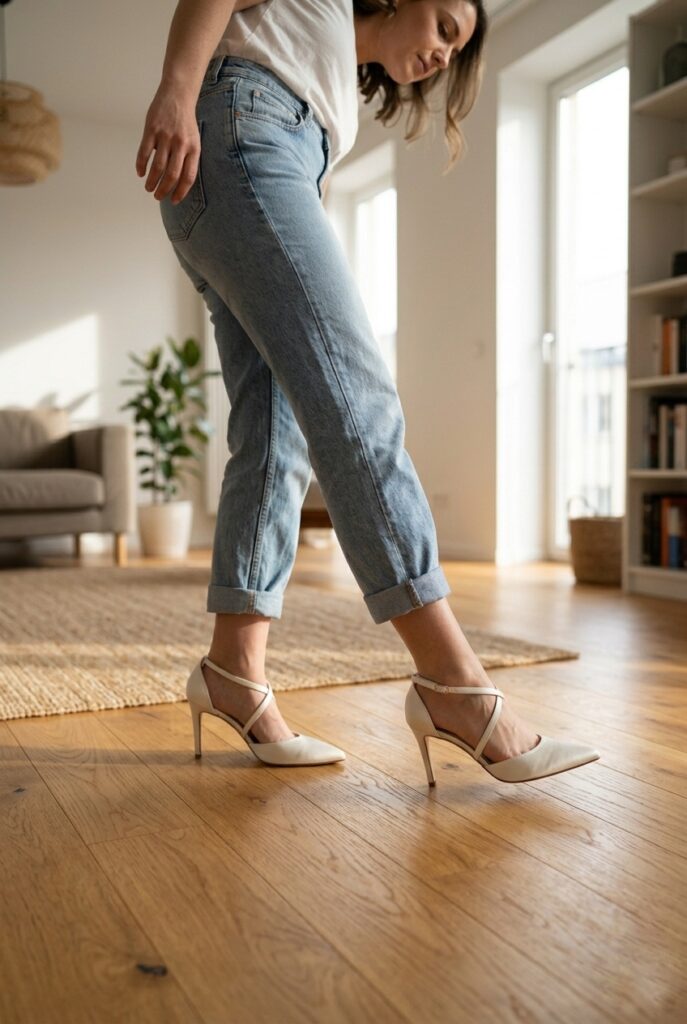 Bride breaking in ivory bridal heel shoes by walking on hardwood floor at home Image prompt: Photorealistic lifestyle image of a woman wearing ivory bridal heels while walking on a warm hardwood floor in a bright modern home interior. She is looking down at her feet. Soft natural afternoon window light. Casual clothing visible above the ankle. No text overlays. Relaxed, natural, editorial feel. Generate in vertical portrait orientation, 2:3 aspect ratio, optimized for mobile display.