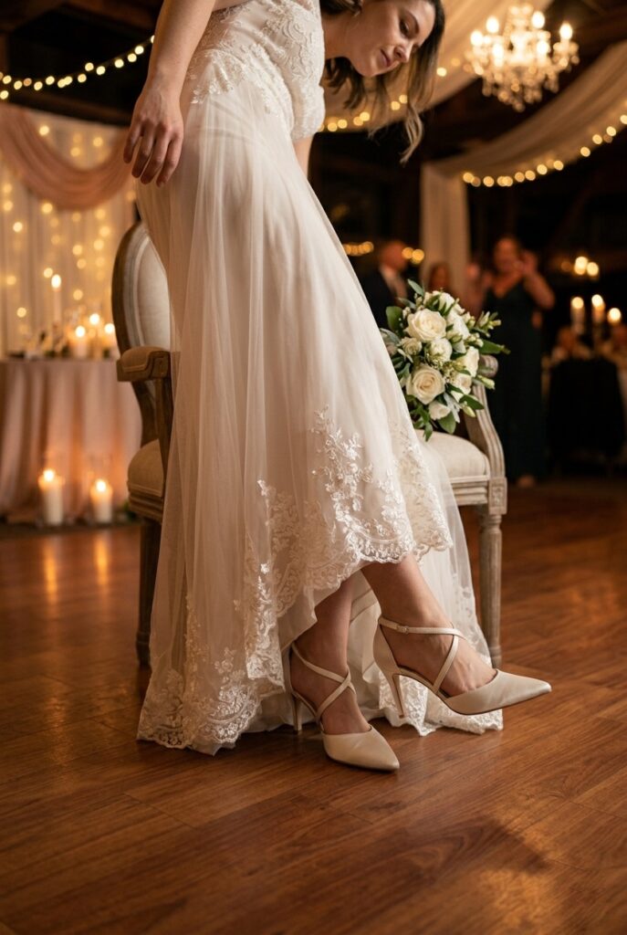 Bride changing from tall ceremony heel to ivory satin low heel for wedding reception dancing Image prompt: Photorealistic image of a bride's feet in the process of changing shoes at a wedding reception — one foot still in an ivory stiletto bridal heel, the other foot stepping into a lower ivory satin kitten heel. Warm romantic candlelit reception atmosphere, wooden dance floor visible beneath. White dress hem falling around the ankles. No text overlays. Natural, candid editorial feel. Generate in vertical portrait orientation, 2:3 aspect ratio, optimized for mobile display.