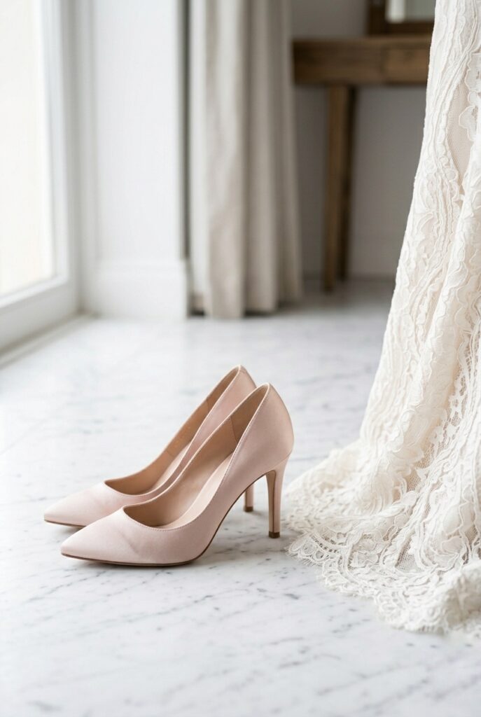 Pale blush pink bridal heel shoes beside an ivory wedding gown hem on white marble Image prompt: Photorealistic image of a pair of pale blush pink bridal heels placed beside an ivory wedding gown hem on a white marble floor. Soft natural window light from the left. The color contrast between the warm blush heel and the cooler ivory dress is clearly visible. No text overlays. Clean editorial styling. Generate in vertical portrait orientation, 2:3 aspect ratio, optimized for mobile display.