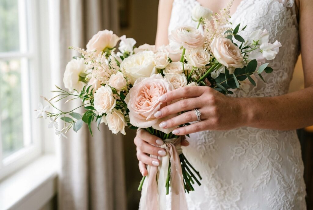 Photorealistic close-up of a bride's hands with short-to-medium oval-shaped nails in a soft milky glazed finish, holding a loose garden rose bouquet in blush and ivory tones. Soft natural window light from the left illuminates the hands gently. Clean, elegant composition with the engagement ring visible. No text overlays. Generate in horizontal landscape orientation, 3:2 aspect ratio, optimized for desktop display.
