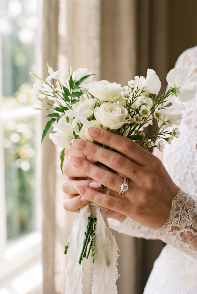 Photorealistic close-up of a bride's hand with short almond-shaped nails featuring a micro-French manicure — an ultra-thin champagne chrome line at the nail tip on a sheer nude base. The hand is loosely holding small white garden flowers. Soft natural window light. Warm romantic tone. No text overlays. Generate in vertical portrait orientation, 2:3 aspect ratio, optimized for mobile display.