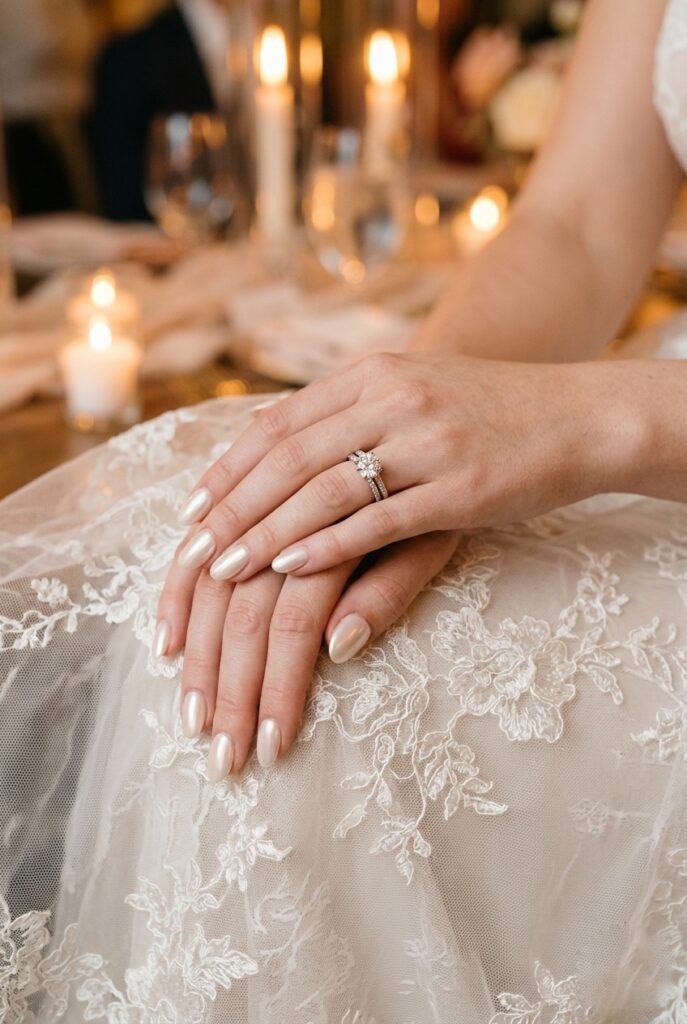  Photorealistic overhead shot of a bride's two hands with medium oval nails finished in a soft pearl chrome — iridescent, shifting between ivory and pale pink depending on the angle. Hands resting gently on a sheer lace veil. Warm romantic candlelit atmosphere with subtle highlights catching the pearl finish. Engagement ring visible on left hand. No text overlays. Generate in vertical portrait orientation, 2:3 aspect ratio, optimized for mobile display.