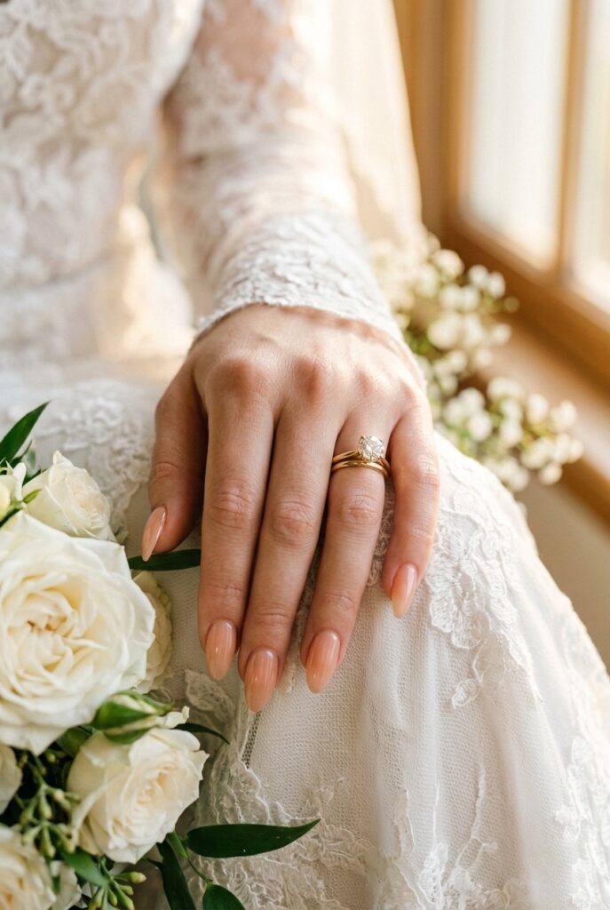 Photorealistic side-angle close-up of a bride's hand showing almond-shaped nails in a sheer peachy nude gel polish with a natural, barely-there finish. A delicate gold engagement ring visible. Soft natural window light from the right, warm golden tone. Clean and elegant composition. No text overlays. Generate in vertical portrait orientation, 2:3 aspect ratio, optimized for mobile display.