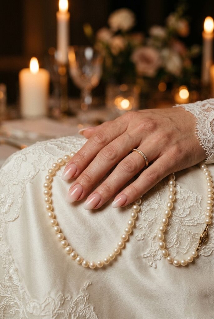 Photorealistic close-up of a bride's hand showing baby boomer nails — a soft gradient fading from warm blush pink at the base to creamy white at the tip, on medium-length oval nails. Hand positioned near a strand of cream pearls. Warm romantic candlelit atmosphere with soft shadows. No text overlays. Generate in vertical portrait orientation, 2:3 aspect ratio, optimized for mobile display.