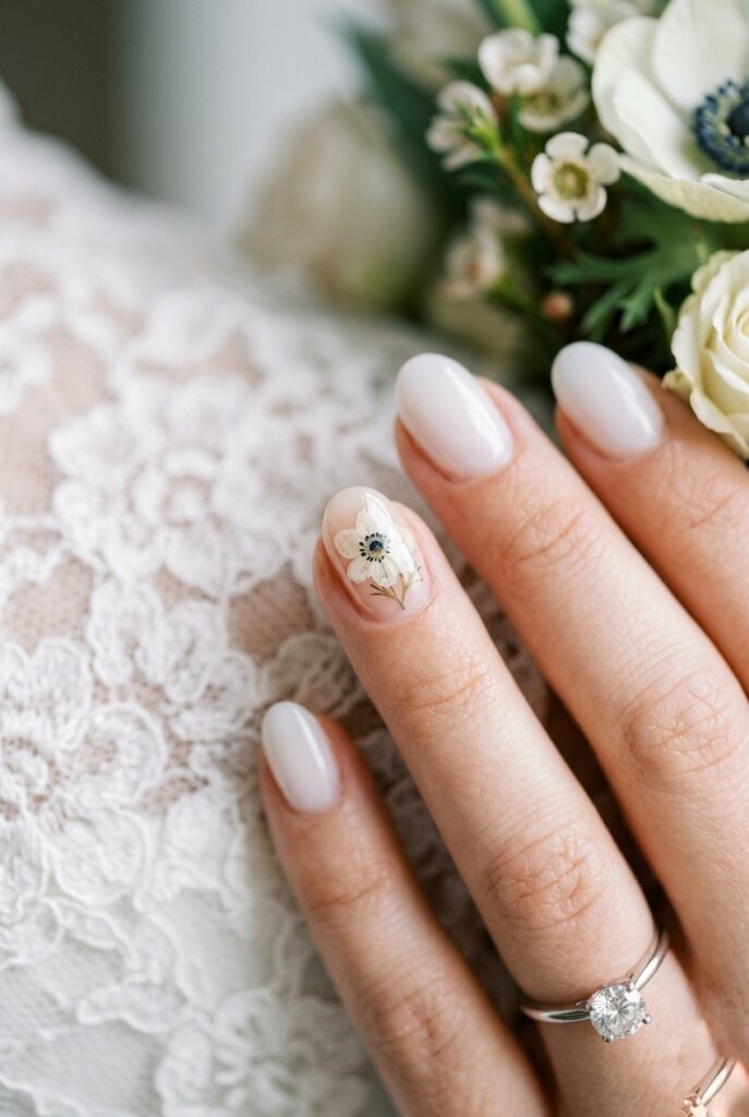 Photorealistic extreme close-up of a bride's ring finger nail showing a tiny dried white anemone pressed under a clear gel topcoat, creating a botanical art detail. Other nails in soft milky white visible in soft focus. Soft natural window light, delicate and precise composition. No text overlays. Generate in vertical portrait orientation, 2:3 aspect ratio, optimized for mobile display.
