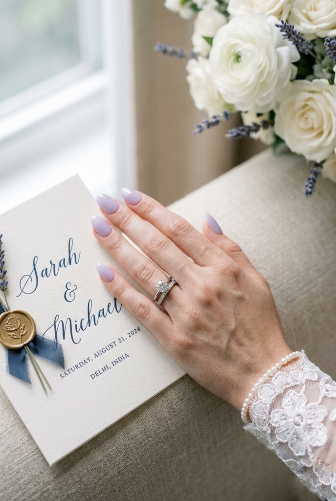 Photorealistic close-up of a bride's hand with oval-shaped nails in a soft cool lavender milk polish — a sheer, barely-tinted lavender with a glossy gel finish. Hand resting near a white wedding invitation with elegant navy calligraphy. Soft natural window light, slightly cool-toned. Delicate and feminine. No text overlays. Generate in vertical portrait orientation, 2:3 aspect ratio, optimized for mobile display.