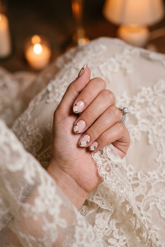 Photorealistic close-up of a bride's short round-tipped nails with delicate hand-painted miniature white rose details on a pale blush pink gel base. The roses are tiny and painterly — not geometric or graphic. Lace fabric softly out of focus in the background. Warm romantic candlelit atmosphere with soft orange-gold highlights. No text overlays. Generate in vertical portrait orientation, 2:3 aspect ratio, optimized for mobile display.