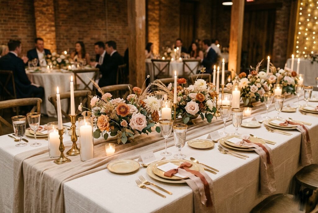 Long elegant wedding reception table with layered linen textures, pillar candles, and loose garden flower centerpieces in warm candlelight Image prompt: Photorealistic wide-angle photograph of a long rectangular wedding reception banquet table set for dinner. Layered ivory and warm linen tablecloths with texture, three low-spread garden flower centerpieces in blush, rust, and cream tones, varying heights of white pillar candles, polished glassware and aged brass candlestick holders. Warm romantic candlelit atmosphere with golden-hour glow. No overhead fluorescent light. No text overlays. Generate in horizontal landscape orientation, 3:2 aspect ratio, optimized for desktop display.