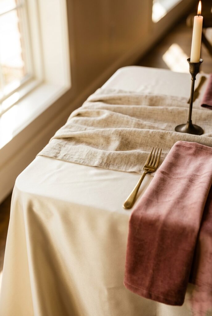 Close-up of layered wedding table linens in ivory, dusty rose, and textured natural linen with a single taper candle Image prompt: Photorealistic close-up of a wedding reception table corner showing layered table linens — a base of ivory satin, topped with a textured natural linen runner, with a dusty rose velvet napkin folded alongside a polished fork. A single thin brass taper candle holder visible at the edge. Soft natural window light from the left, warm and slightly golden. Elegant and intentional composition. No text overlays. Generate in vertical portrait orientation, 2:3 aspect ratio, optimized for mobile display.