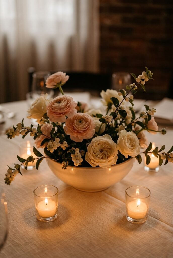 Low wedding table centerpiece of ranunculus and tallow berry in a shallow ceramic bowl surrounded by candles Image prompt: Photorealistic close-up of a low wedding reception table centerpiece — a wide shallow ceramic bowl in warm off-white filled with loose blush ranunculus, ivory garden roses, and trailing tallow berry stems. The arrangement sits below eye level. Three votive candles in glass holders visible around the base. Warm romantic candlelit atmosphere, soft amber glow. No text overlays. Generate in vertical portrait orientation, 2:3 aspect ratio, optimized for mobile display.