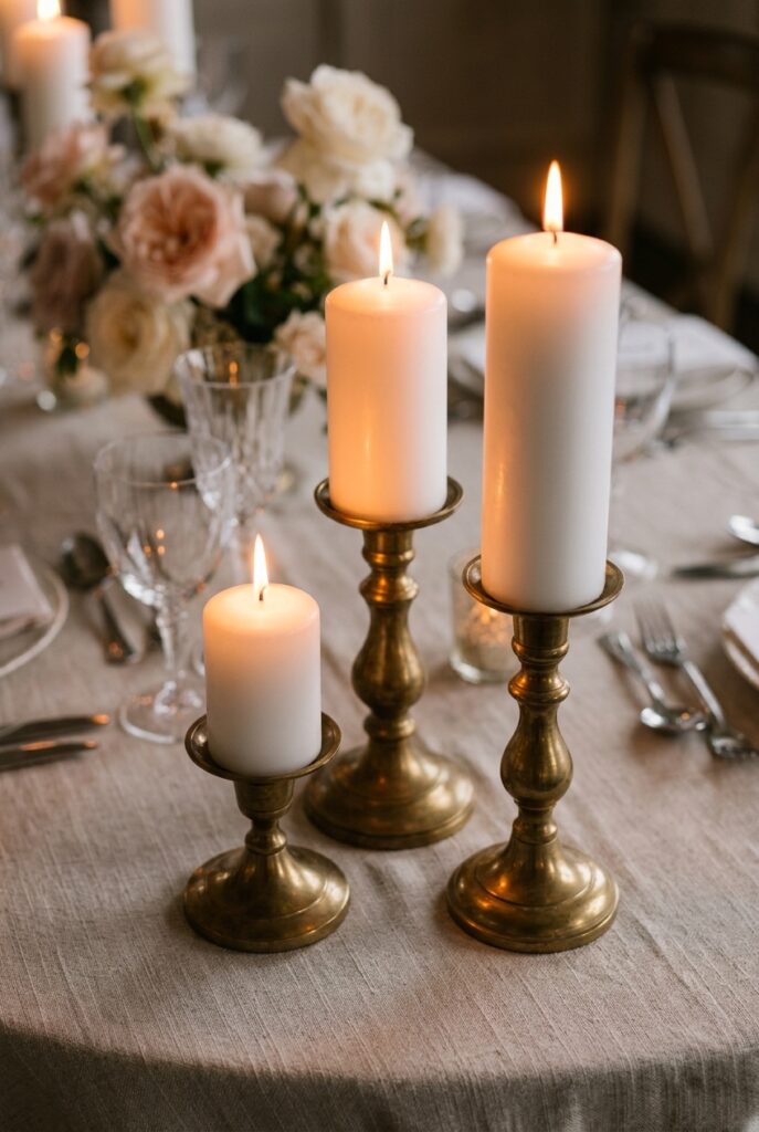 IMAGE 3 HERE Alt text: Wedding reception table with three mismatched height white pillar candles on brass holders casting warm light Image prompt: Photorealistic photograph of a wedding reception table corner showing three white pillar candles of different heights — 4 inch, 8 inch, and 12 inch — on aged brass candlestick holders of varying sizes. Warm romantic candlelit atmosphere, soft orange-gold pools of light on the linen. Out-of-focus flowers and glassware visible in the background. No text overlays. Generate in vertical portrait orientation, 2:3 aspect ratio, optimized for mobile display.