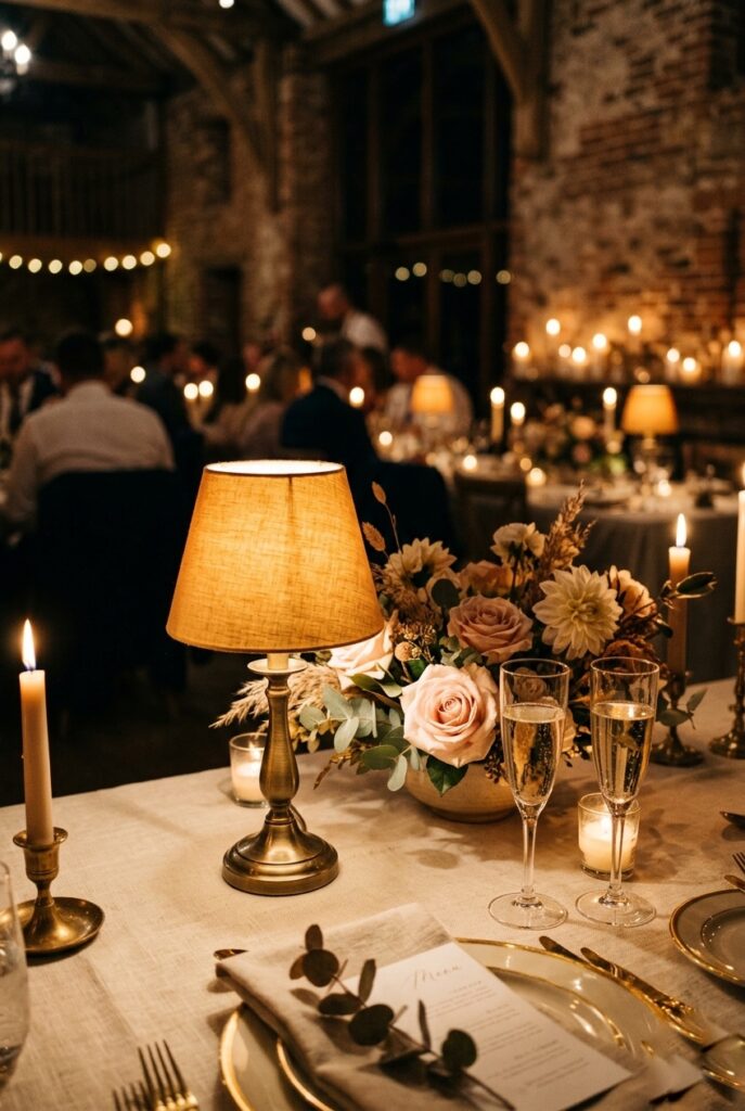 IMAGE 4 HERE Alt text: Small amber-shade table lamp on a wedding reception table next to flowers and polished glassware Image prompt: Photorealistic photograph of a wedding reception table featuring a small decorative table lamp with a warm amber linen shade, placed near a low floral arrangement and polished champagne flutes. The lamp casts a warm intimate pool of light. Warm romantic candlelit atmosphere, dim ambient venue lighting in background suggesting an evening reception. No text overlays. Generate in vertical portrait orientation, 2:3 aspect ratio, optimized for mobile display.