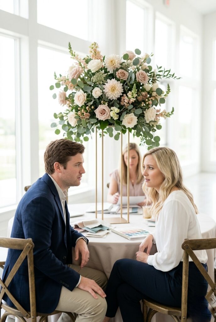 Bride and groom reviewing table centerpiece height from seated position at a styled wedding table during planning Image prompt: Photorealistic photograph of a couple seated at a round wedding reception table during a planning mockup session, looking across the table at a tall floral centerpiece arrangement that visually blocks their view of the opposite seat. The expression is slightly uncertain. Soft natural window light in a bright venue space. Realistic and candid composition. No text overlays. Generate in vertical portrait orientation, 2:3 aspect ratio, optimized for mobile display.