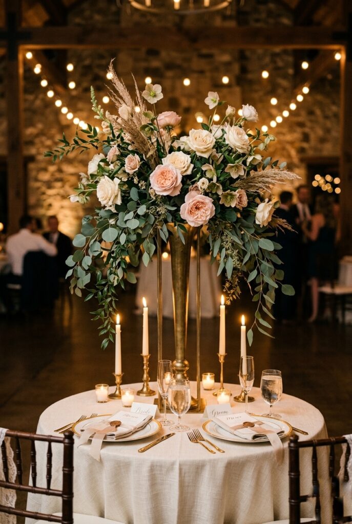 IMAGE 6 HERE Alt text: Elevated sculptural floral arrangement on a sweetheart table with overflowing garden flowers and trailing greenery Image prompt: Photorealistic photograph of a sweetheart table for two at a wedding reception, featuring a tall sculptural floral arrangement in an architectural vase — overflowing blush garden roses, hellebores, and trailing eucalyptus. The arrangement has organic asymmetry and negative space. Warm romantic candlelit atmosphere with soft golden ambient light. Two place settings visible below. No text overlays. Generate in vertical portrait orientation, 2:3 aspect ratio, optimized for mobile display.