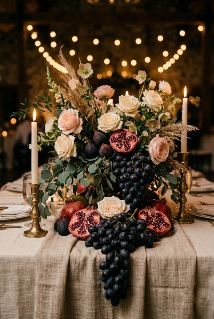 IMAGE 7 HERE Alt text: Wedding table centerpiece mixing garden flowers with figs, pomegranates, and trailing grapes on a linen runner Image prompt: Photorealistic close-up of a wedding reception table centerpiece combining loose blush flowers with dark whole figs, split pomegranates showing ruby seeds, and trailing dark grape clusters on a textured linen runner. Rich, moody, and abundant styling. Warm romantic candlelit atmosphere, deep amber and shadow tones. No text overlays. Generate in vertical portrait orientation, 2:3 aspect ratio, optimized for mobile display.