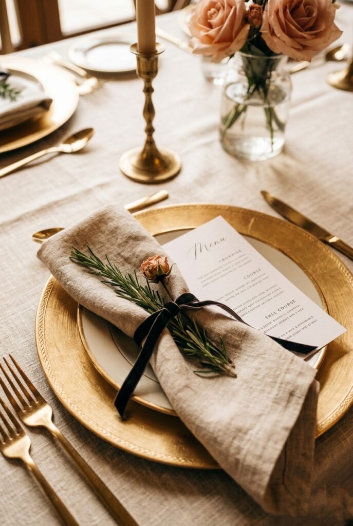 IMAGE 8 HERE Alt text: Wedding place setting with aged gold charger plate, linen napkin, handwritten menu card and a sprig of rosemary Image prompt: Photorealistic close-up of an individual wedding place setting featuring a brushed gold charger plate, a loosely folded natural linen napkin with a sprig of fresh rosemary tucked under the fold, a handwritten menu card in black ink, and a small dried flower pressed against the napkin ring. Soft natural window light from above, warm and elegant. No text overlays. Generate in vertical portrait orientation, 2:3 aspect ratio, optimized for mobile display.