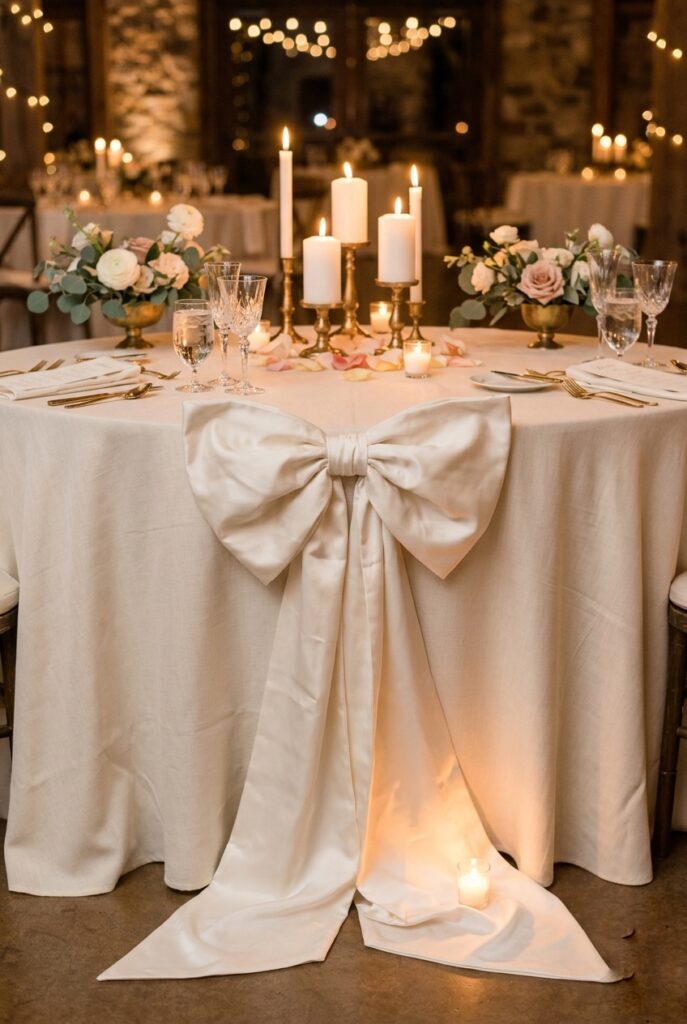IMAGE 9 HERE Alt text: Single large ivory satin bow draped from the edge of a sweetheart table at a wedding reception Image prompt: Photorealistic photograph of a wedding sweetheart table with a large, loosely tied ivory satin bow draped elegantly from the front table edge, pooling slightly onto the floor. The bow is oversized, sculptural, and deliberately imperfect. Other table details visible — candles, low flowers, polished glassware. Warm romantic candlelit atmosphere. No text overlays. Generate in vertical portrait orientation, 2:3 aspect ratio, optimized for mobile display.