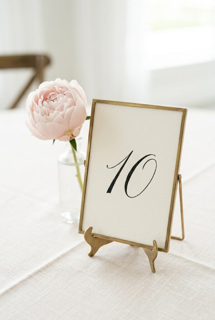IMAGE 10 HERE Alt text: Wedding table number card in a brass frame on a linen surface beside a single stem in a bud vase Image prompt: Photorealistic close-up of a wedding table number card — the number handwritten in elegant black calligraphy on thick cream card stock, standing in a small polished brass easel frame. Beside it, a single blush peony stem in a slim clear bud vase. Textured linen table surface. Soft natural window light, clean and refined. No text overlays. Generate in vertical portrait orientation, 2:3 aspect ratio, optimized for mobile display.