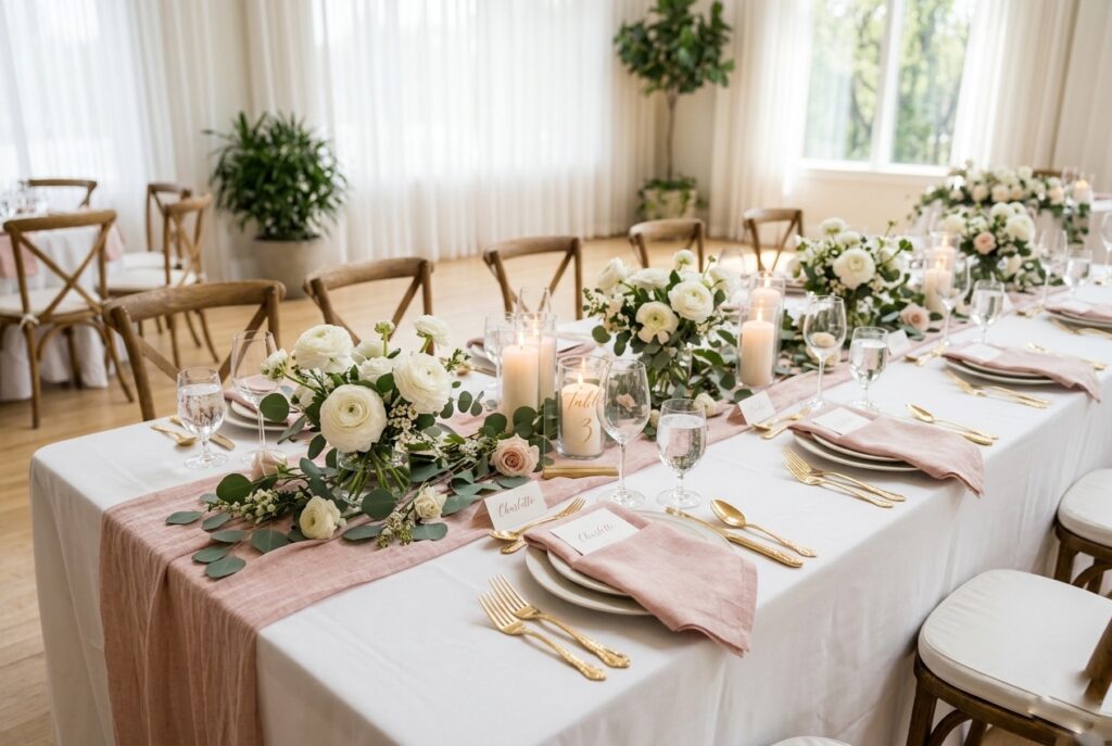 Elegant bridal shower table decorated with white ranunculus, blush linen napkins, gold flatware, and eucalyptus sprigs on a white tablecloth Image prompt: Photorealistic wide shot of a beautifully styled bridal shower tablescape. A long white tablecloth is layered with a textured linen runner in blush pink. Gold flatware sits beside white ranunculus blooms in low glass vases. Scattered eucalyptus sprigs run down the center. Soft white pillar candles glow on either side. The background shows a sunlit room with sheer curtains. Soft natural window light. Generate in horizontal landscape orientation, 3:2 aspect ratio, optimized for desktop display.