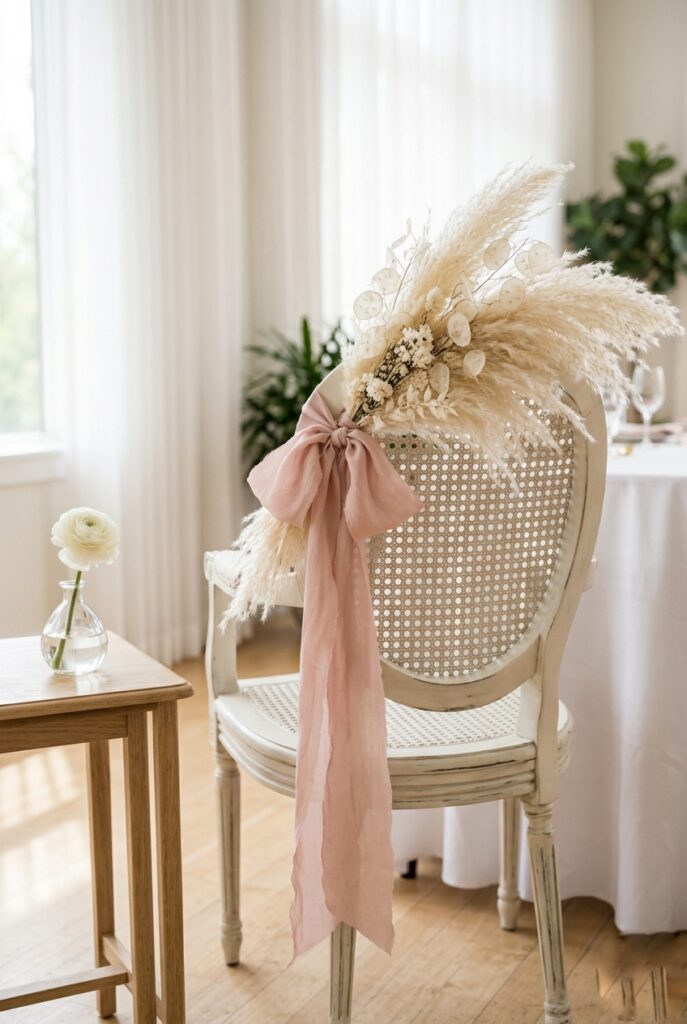 White cane chair decorated with dried pampas grass and blush ribbon for bridal shower Image prompt: Photorealistic portrait shot of a vintage white cane chair decorated with an oversized spray of dried cream pampas grass tucked behind one arm and a long blush silk ribbon tied in a loose bow at the back. The chair sits against a sheer white fabric backdrop with soft draping. A small side table beside it holds a single white ranunculus in a bud vase. Soft natural window light from the left. Generate in vertical portrait orientation, 2:3 aspect ratio, optimized for mobile display.