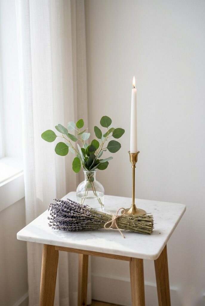 Fresh eucalyptus sprigs and dried lavender bundles used as bridal shower decoration accents Image prompt: Photorealistic close-up portrait shot of a white marble-topped side table holding a clear glass bud vase with fresh eucalyptus stems, a small bundle of dried lavender tied with twine, and a single lit white taper candle in a brass holder. Soft natural window light creating gentle shadows. Styled against a white wall. Generate in vertical portrait orientation, 2:3 aspect ratio, optimized for mobile display.