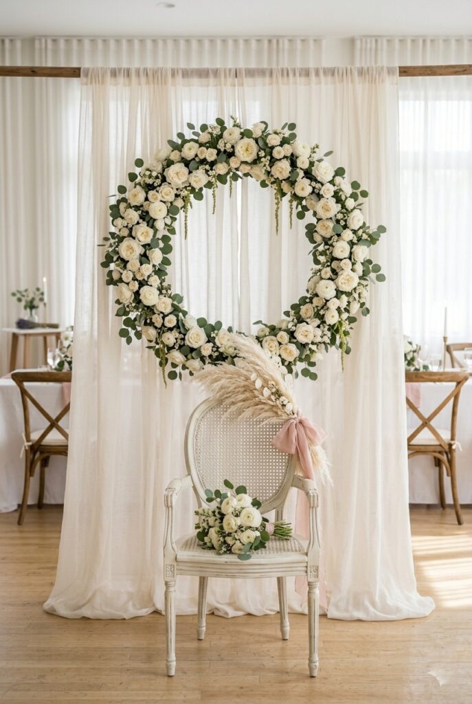DIY bridal shower flower backdrop made with sheer ivory curtains and fresh white roses Image prompt: Photorealistic portrait shot of a bridal shower photo backdrop made from two sheer ivory fabric panels hanging from a wooden rod. A circular floral halo of white garden roses and eucalyptus is mounted at center height. In front, a white cane chair with a small bouquet of ranunculus on the seat. Soft natural window light. Generate in vertical portrait orientation, 2:3 aspect ratio, optimized for mobile display.