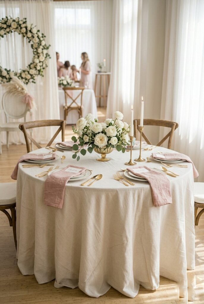 Round bridal shower table with ivory linen tablecloth, white flowers, and gold candlesticks Image prompt: Photorealistic portrait shot of a round bridal shower table covered in a heavy ivory linen tablecloth with natural drape. Center arrangement of white garden roses and eucalyptus in a low gold-rimmed glass bowl. Two slim gold candlesticks holding white taper candles. White gold-rimmed plates with blush linen napkins folded beside them. Warm romantic candlelit atmosphere. Generate in vertical portrait orientation, 2:3 aspect ratio, optimized for mobile display.