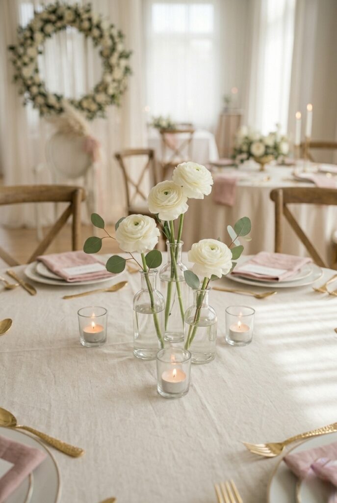 Three varying-height bud vases with white ranunculus as bridal shower table centerpiece Image prompt: Photorealistic portrait shot of a round table with three glass bud vases in varying heights clustered at the center. Each holds white ranunculus and a single eucalyptus stem. Around them, three tealight votives glow softly. White linen tablecloth underneath. Warm romantic candlelit atmosphere. Generate in vertical portrait orientation, 2:3 aspect ratio, optimized for mobile display.