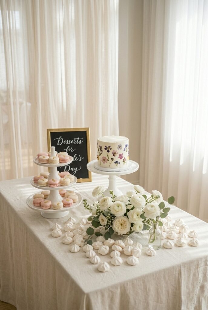 Styled bridal shower dessert table with tiered stands, macarons, and fresh flowers Image prompt: Photorealistic portrait shot of a bridal shower dessert table with a white linen cloth. Back row: a tiered white ceramic cake stand holding pink and white macarons. Middle: a single-tier stand with a white cake decorated with pressed flowers. Front: scattered small meringues and a low cluster of white ranunculus in a clear bud vase. A small framed handwritten sign leans at back left. Soft natural window light. Generate in vertical portrait orientation, 2:3 aspect ratio, optimized for mobile display.