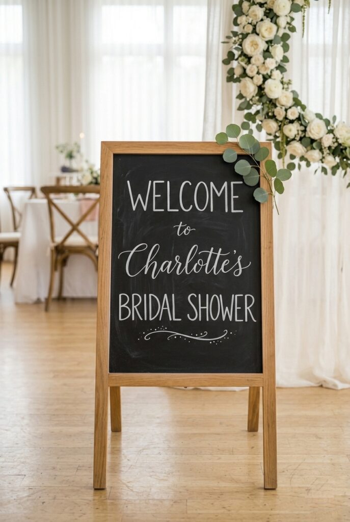 Handwritten bridal shower welcome sign on chalkboard easel with eucalyptus sprig Image prompt: Photorealistic portrait shot of a dark chalkboard easel sign with neat handwritten white chalk lettering reading a bridal shower welcome message. A small sprig of eucalyptus is tucked into the upper right corner. The easel stands on a hardwood floor with a blurred floral arrangement visible behind it. Soft natural window light. Generate in vertical portrait orientation, 2:3 aspect ratio, optimized for mobile display.