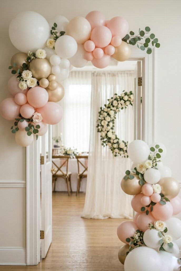 IMAGE 8 HERE Alt text: White and blush organic balloon garland framing bridal shower entrance doorway Image prompt: Photorealistic portrait shot of a doorframe decorated with an organic balloon garland in white, blush pink, and champagne gold. The garland wraps the upper left and lower right of the frame asymmetrically. Greenery and white flowers are tucked into the balloon clusters. A sheer curtain is visible through the doorway. Soft natural window light. Generate in vertical portrait orientation, 2:3 aspect ratio, optimized for mobile display.
