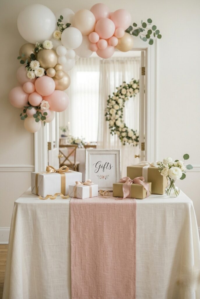 IMAGE 9 HERE Alt text: Styled bridal shower gift table with linen runner, bud vase, and small gift sign Image prompt: Photorealistic portrait shot of a rectangular gift table with a blush linen runner draped down the center. A small clear glass vase with white roses sits at the right corner. A small white framed card reading "Gifts" in elegant script leans at the back center. The table surface has ribbon curls and wrapped gift boxes in white and gold. Soft natural window light. Generate in vertical portrait orientation, 2:3 aspect ratio, optimized for mobile display.