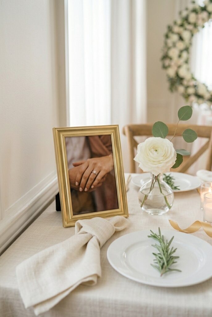 IMAGE 10 HERE Alt text: Bridal shower table with small gold framed engagement photo and white floral bud vase Image prompt: Photorealistic portrait shot of a bridal shower table corner detail. A small 4x6 gold-framed photo (face not shown, just the frame and context) leans against a white wall beside a clear bud vase with a white garden rose. In front, a folded ivory linen napkin and a white plate with a single rosemary sprig. Warm romantic candlelit atmosphere. Generate in vertical portrait orientation, 2:3 aspect ratio, optimized for mobile display.