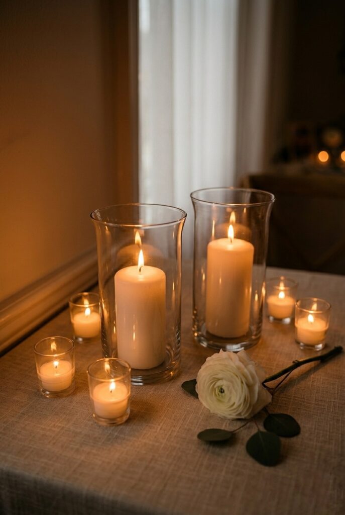 IMAGE 11 HERE Alt text: Bridal shower table styled with glass hurricane candles and warm tealight votives Image prompt: Photorealistic portrait shot of a bridal shower table end detail. Two glass hurricane vases hold white pillar candles. Around them, small clear glass tealight holders with flickering flames cast warm pools of light on the white linen tablecloth. A white ranunculus stem lies loosely across the cloth beside them. Warm romantic candlelit atmosphere with deep amber tones. Generate in vertical portrait orientation, 2:3 aspect ratio, optimized for mobile display.