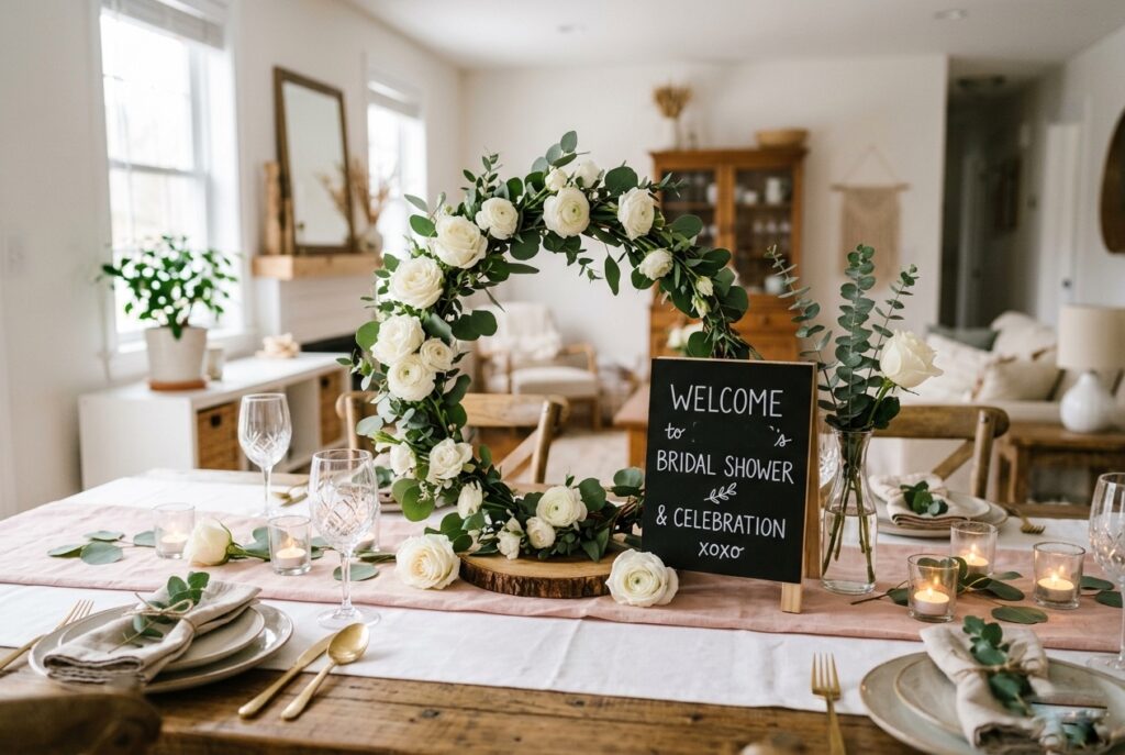DIY bridal shower table with floral hoop, chalkboard sign, linen runner