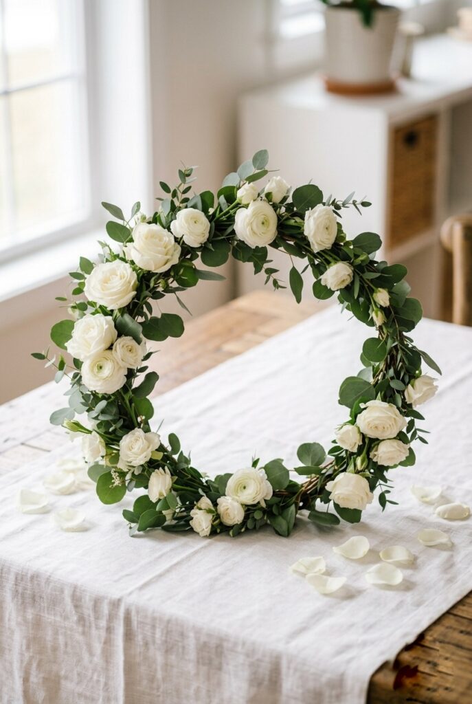 DIY floral hoop with white spray roses and eucalyptus