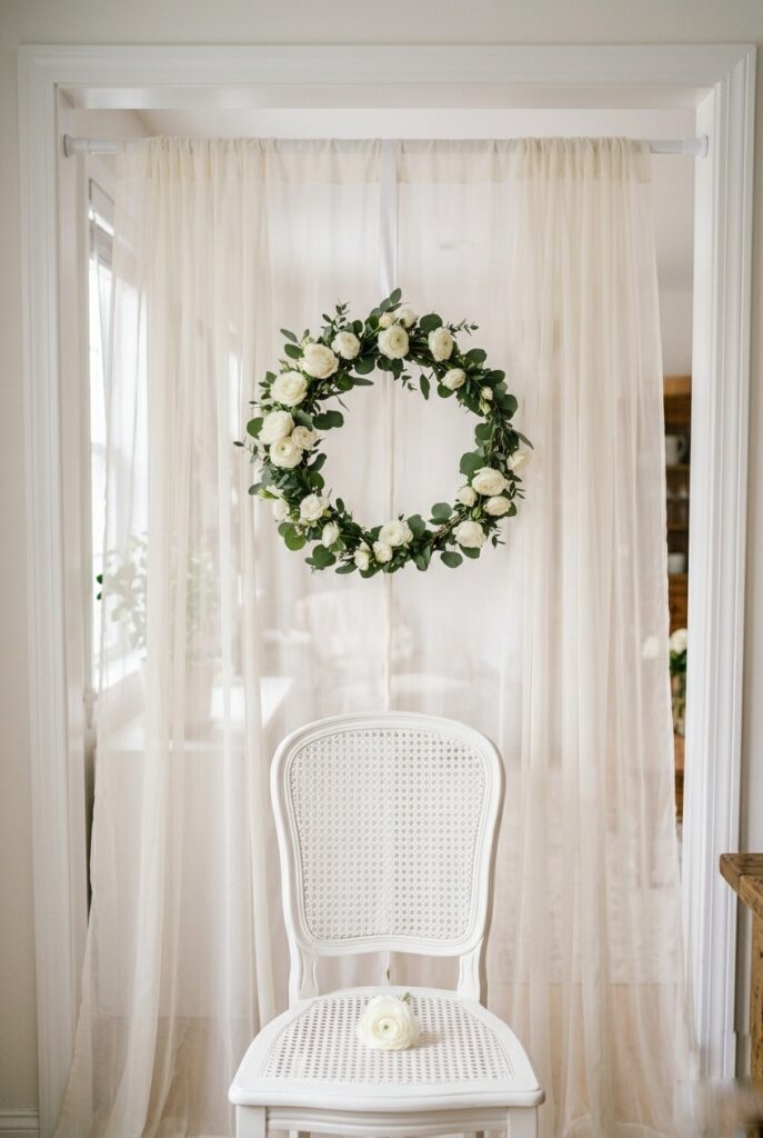 Sheer ivory curtain backdrop with floral hoop accent