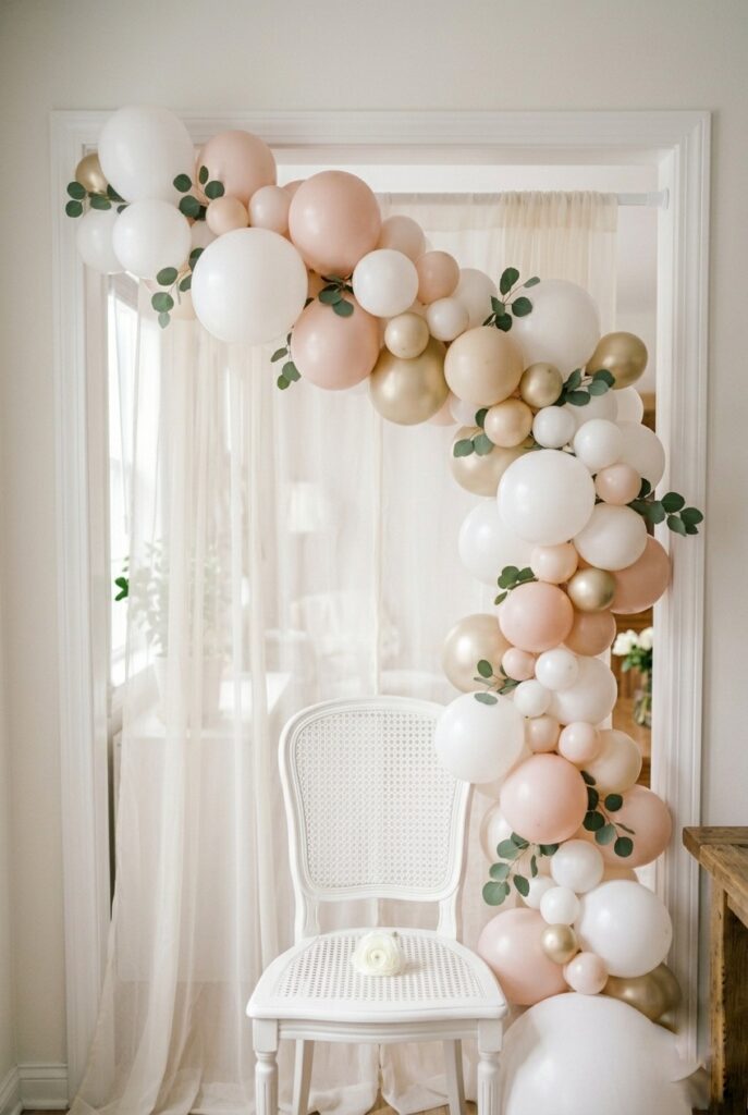 Organic balloon garland in white, blush, gold on doorframe