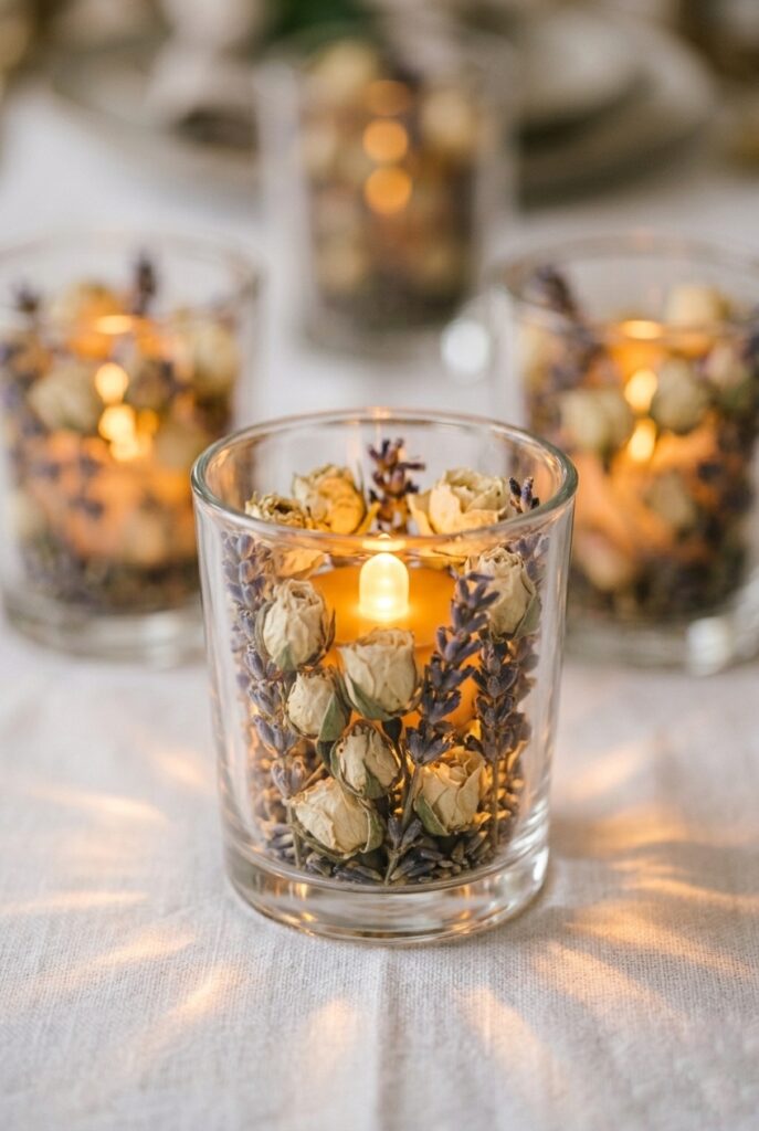 Glass votive with dried roses and lavender around tea light