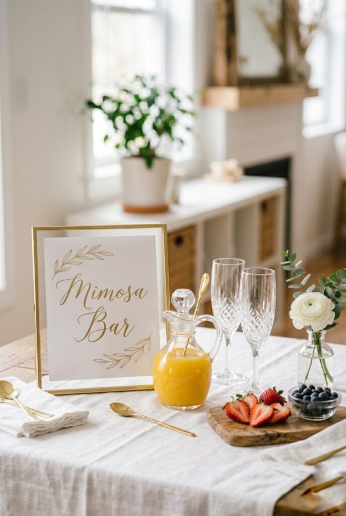 Canva-printed Mimosa Bar sign in gold frame beside bar setup