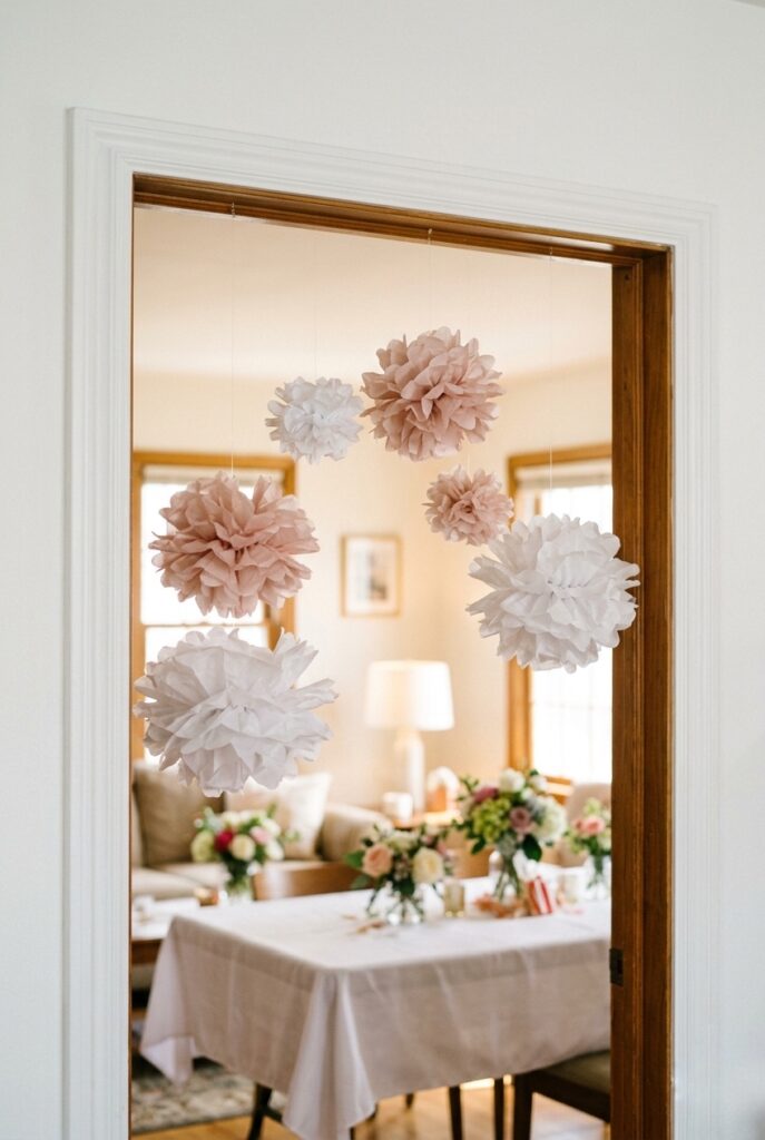 IMAGE 8 HERE Alt text: White and blush paper pom-poms hanging from ceiling at varying heights for bridal shower Image prompt: Photorealistic portrait shot of a doorframe with five white and blush paper pom-poms of varying sizes hanging from the top at different heights on clear fishing line. The room behind shows a soft bridal shower setup — white tablecloth, flowers, warm light. Soft natural window light. Generate in vertical portrait orientation, 2:3 aspect ratio, optimized for mobile display.