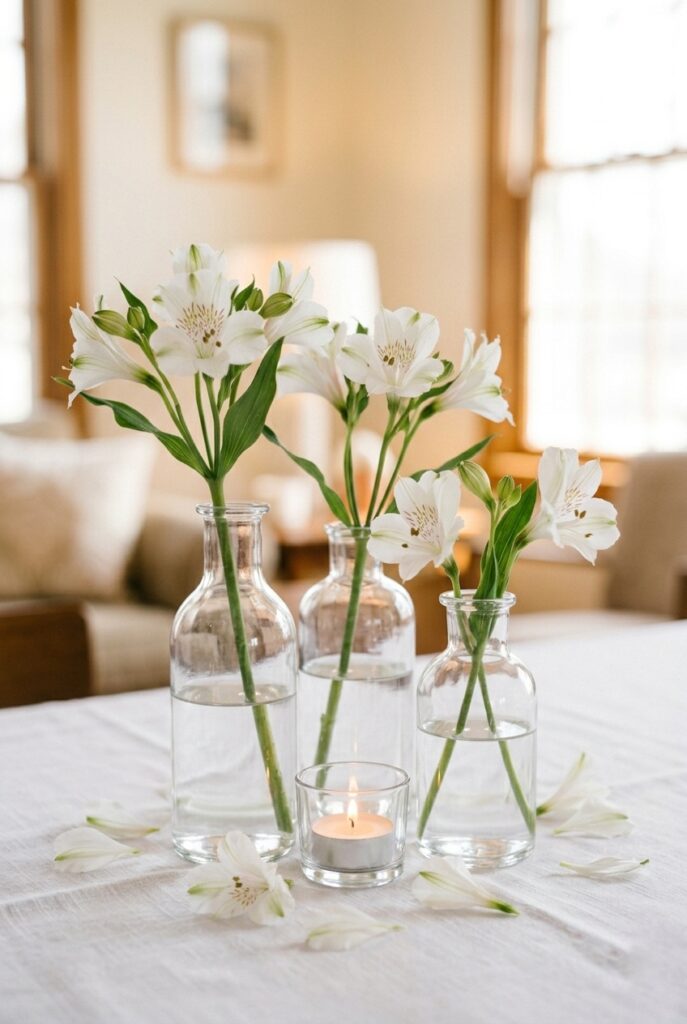 IMAGE 9 HERE Alt text: Three clear glass bud vases with white alstroemeria clustered as DIY bridal shower centerpiece Image prompt: Photorealistic portrait shot of three clear glass bud vases in varying heights clustered together on a white linen tablecloth. Each holds two or three white alstroemeria stems cut to different lengths. A single small glass tealight votive glows between them. Scattered white petals around the base. Soft natural window light. Generate in vertical portrait orientation, 2:3 aspect ratio, optimized for mobile display.
