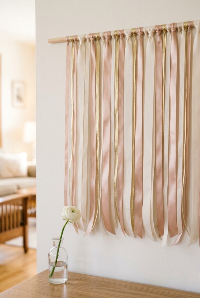 IMAGE 10 HERE Alt text: DIY ribbon fringe backdrop in blush, ivory, and gold for bridal shower Image prompt: Photorealistic portrait shot of a DIY ribbon fringe backdrop hanging from a thin wooden dowel mounted on a wall. Ribbons in blush satin, ivory grosgrain, and thin gold metallic hang freely in 24-inch lengths. Varying widths and textures create depth. A single white ranunculus bud vase sits on a side table in front of it. Soft natural window light catching the different ribbon textures. Generate in vertical portrait orientation, 2:3 aspect ratio, optimized for mobile display.
