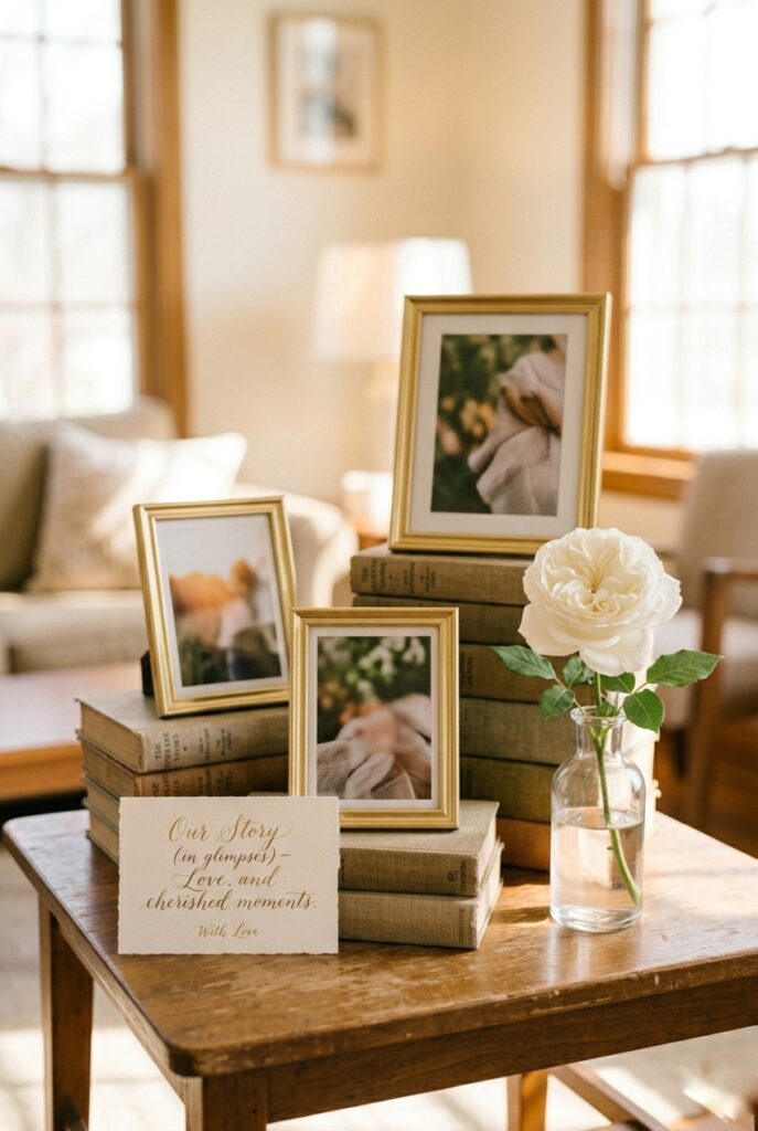 IMAGE 11 HERE Alt text: Styled bridal shower memory table with framed photos, white rose bud vase, and handwritten card Image prompt: Photorealistic portrait shot of a small side table styled as a bridal shower memory display. Three small gold-framed photos (faces not visible, just frames and soft background detail) are arranged at varying heights using stacked books as risers. A clear bud vase with a single white garden rose sits at the right. A small handwritten card on cream card stock leans at the front left. Soft natural window light creating warm shadows. Generate in vertical portrait orientation, 2:3 aspect ratio, optimized for mobile display.
